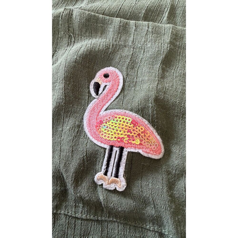 H&M Divided Olive Green Button Down Shirt Size 6 Sequin Flamingo Patch - Picture 3 of 9